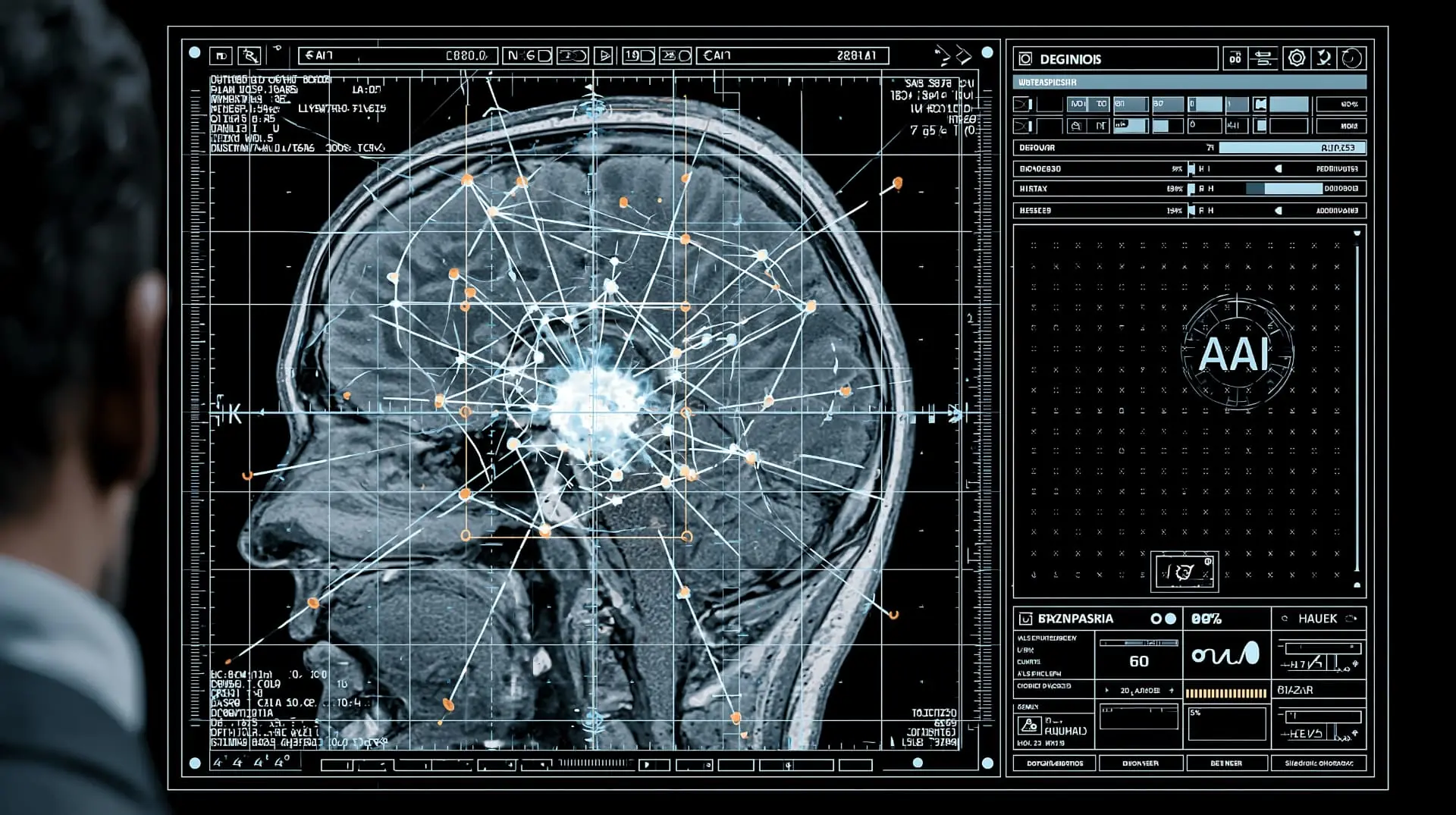 High-tech digital medical scan of a human skull and brain displayed on a clinical screen