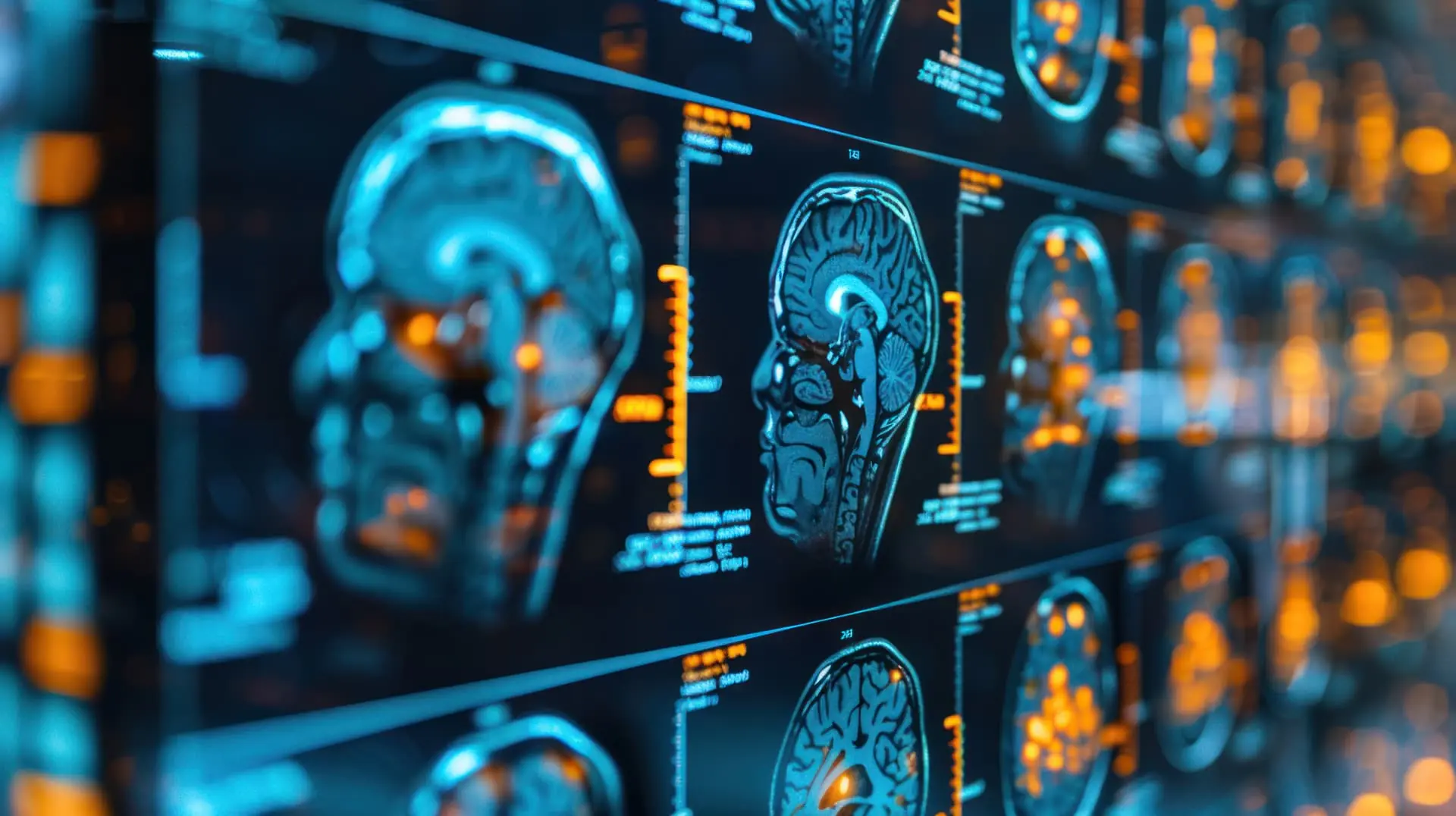 Wall of clinical brain MRI scans in a diagnostic imaging suite