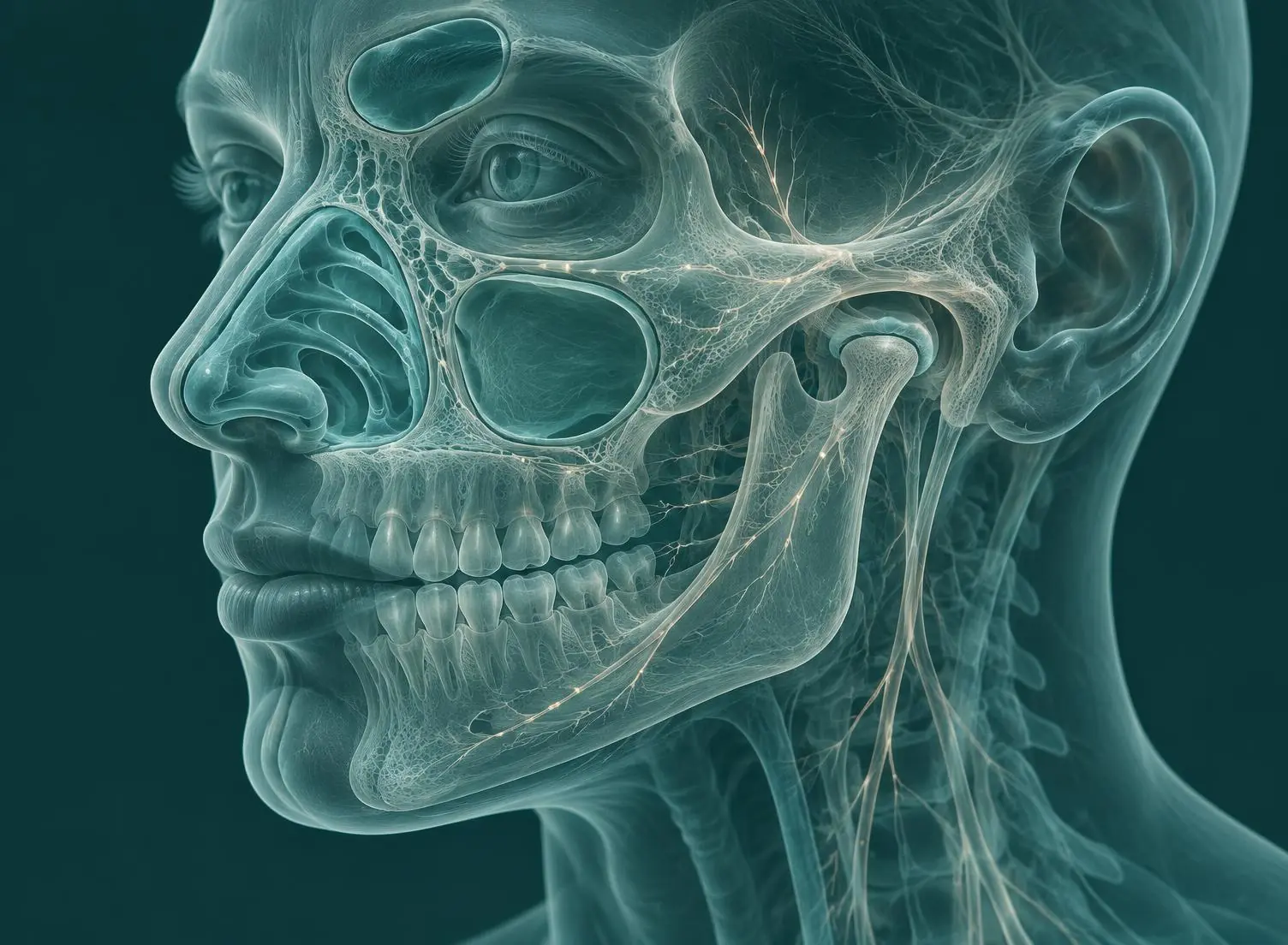 Stylised anatomical profile of the head, jaw and cranial base in clinical tones