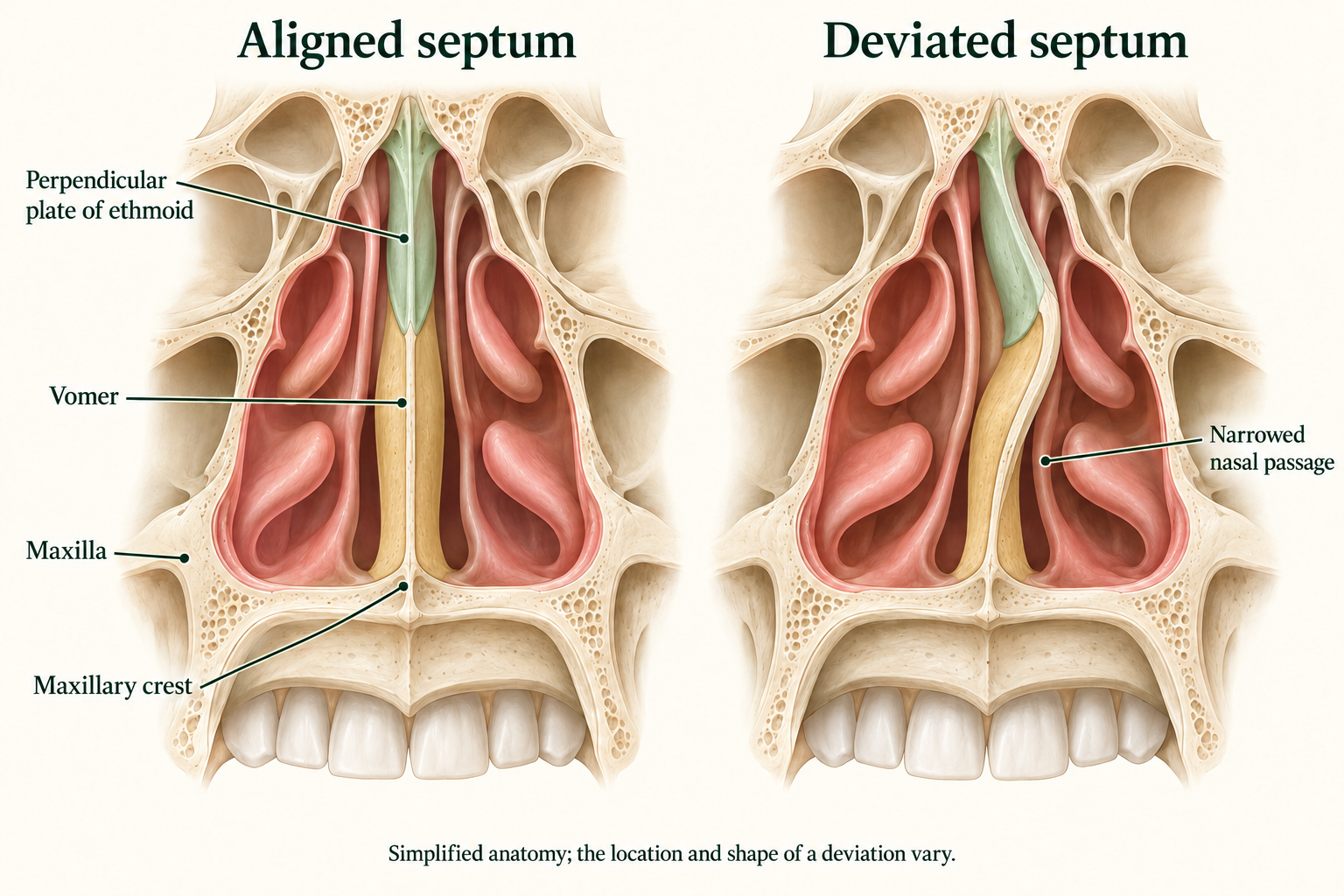 Simplified front-facing comparison of aligned and deviated bony nasal septa, labelled with the perpendicular plate of ethmoid, vomer, maxilla and maxillary crest.