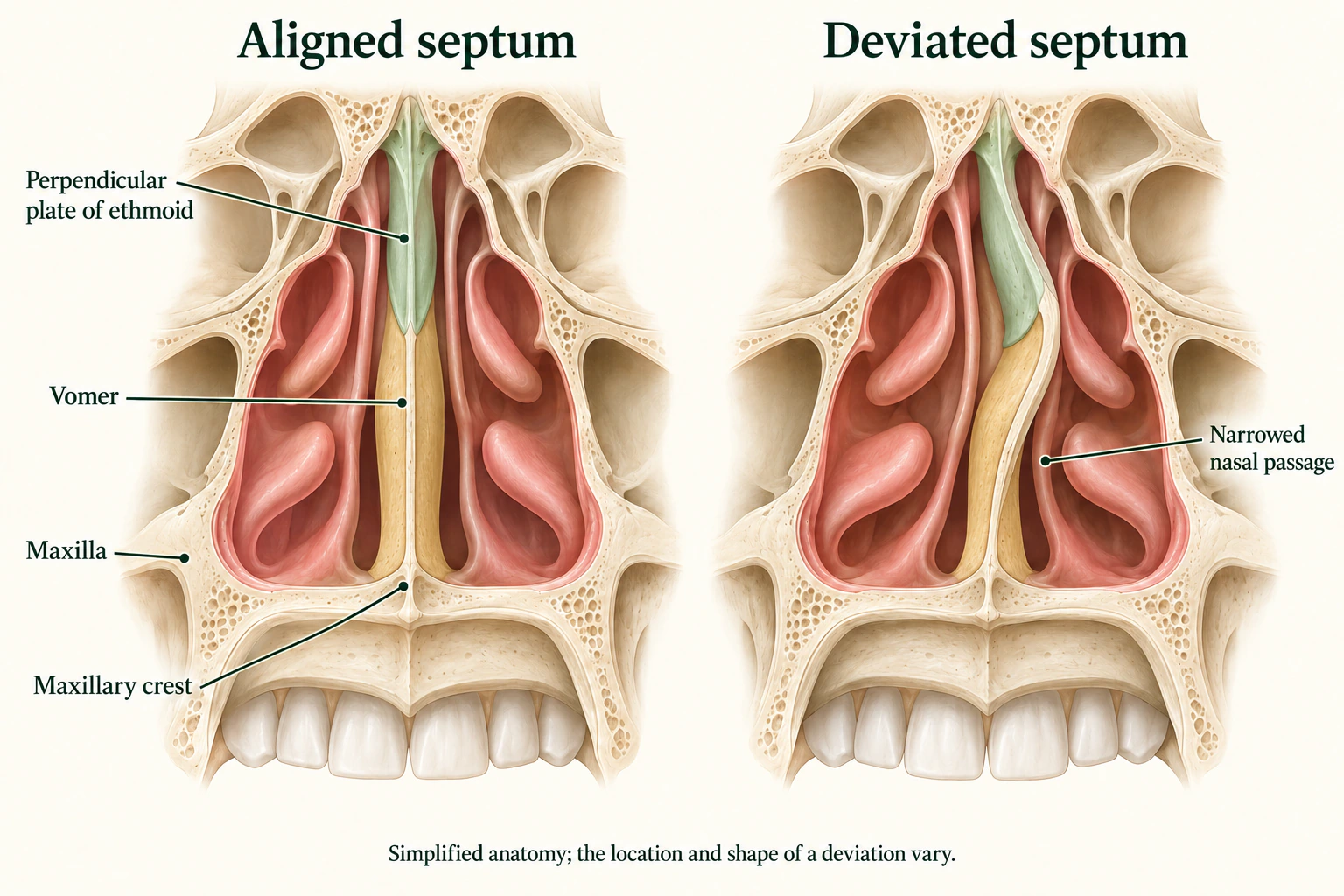 Simplified front-facing comparison of aligned and deviated bony nasal septa, labelled with the perpendicular plate of ethmoid, vomer, maxilla and maxillary crest.