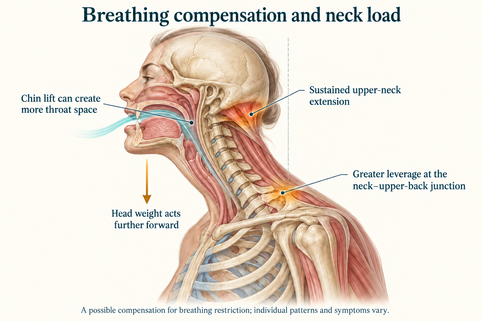 Forward head carriage with upper-neck extension, showing the head weight acting anteriorly and supporting load at the upper neck and neck–upper-back junction.
