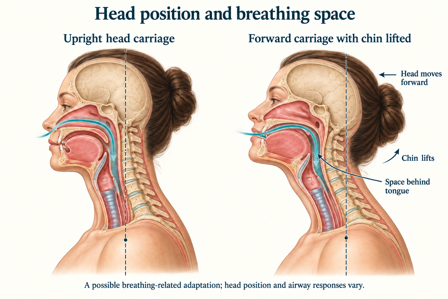 Side-view comparison of upright head carriage and forward carriage with a lifted chin, showing the pharyngeal airway and cervical spine.