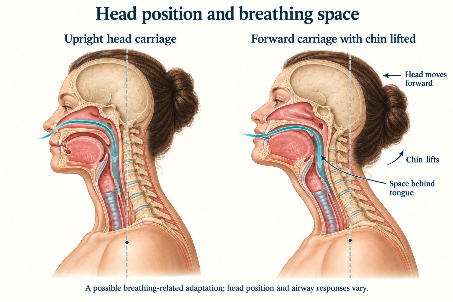Side-view comparison of upright head carriage and forward carriage with a lifted chin, showing the pharyngeal airway and cervical spine.