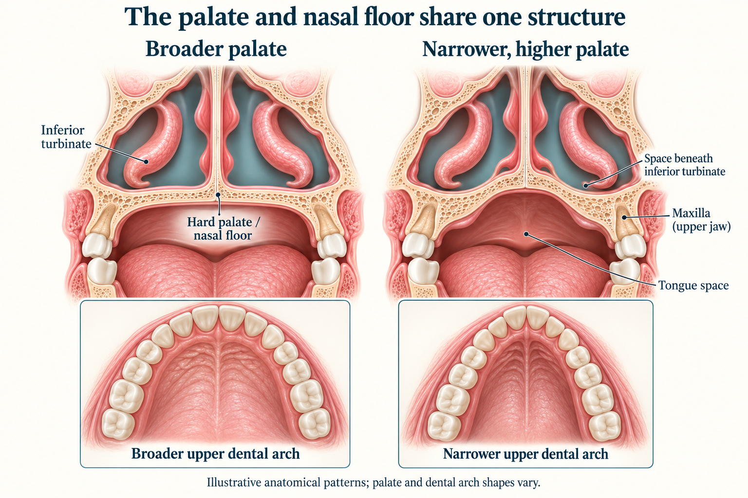 Front-facing anatomical comparison of broader and higher narrower palates, with nasal floor, inferior turbinates and maxilla labelled, plus views of the upper dental arches.