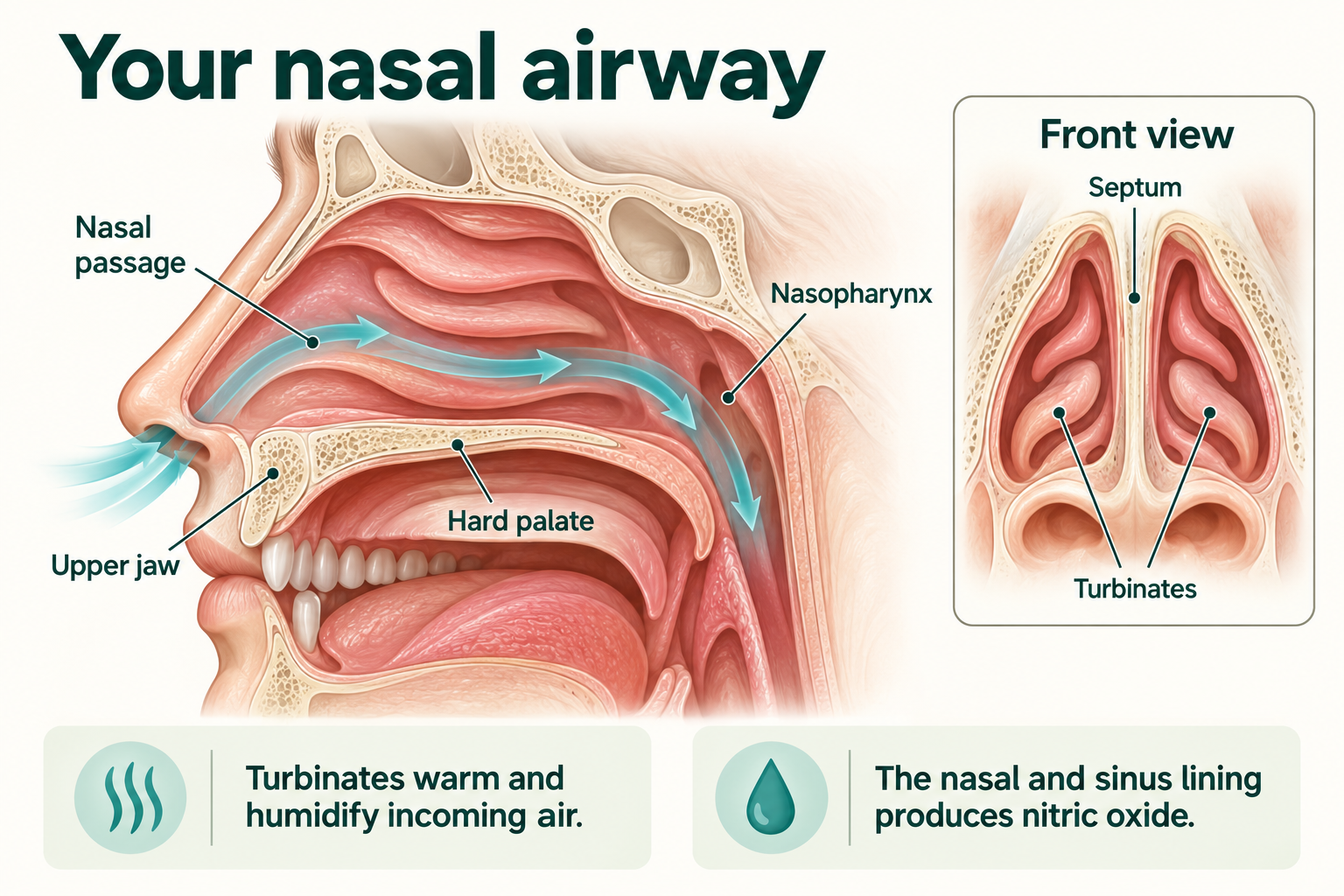 Simplified side view of the nasal passage, upper jaw, hard palate and nasopharynx, with a front-view inset showing the septum and turbinates.
