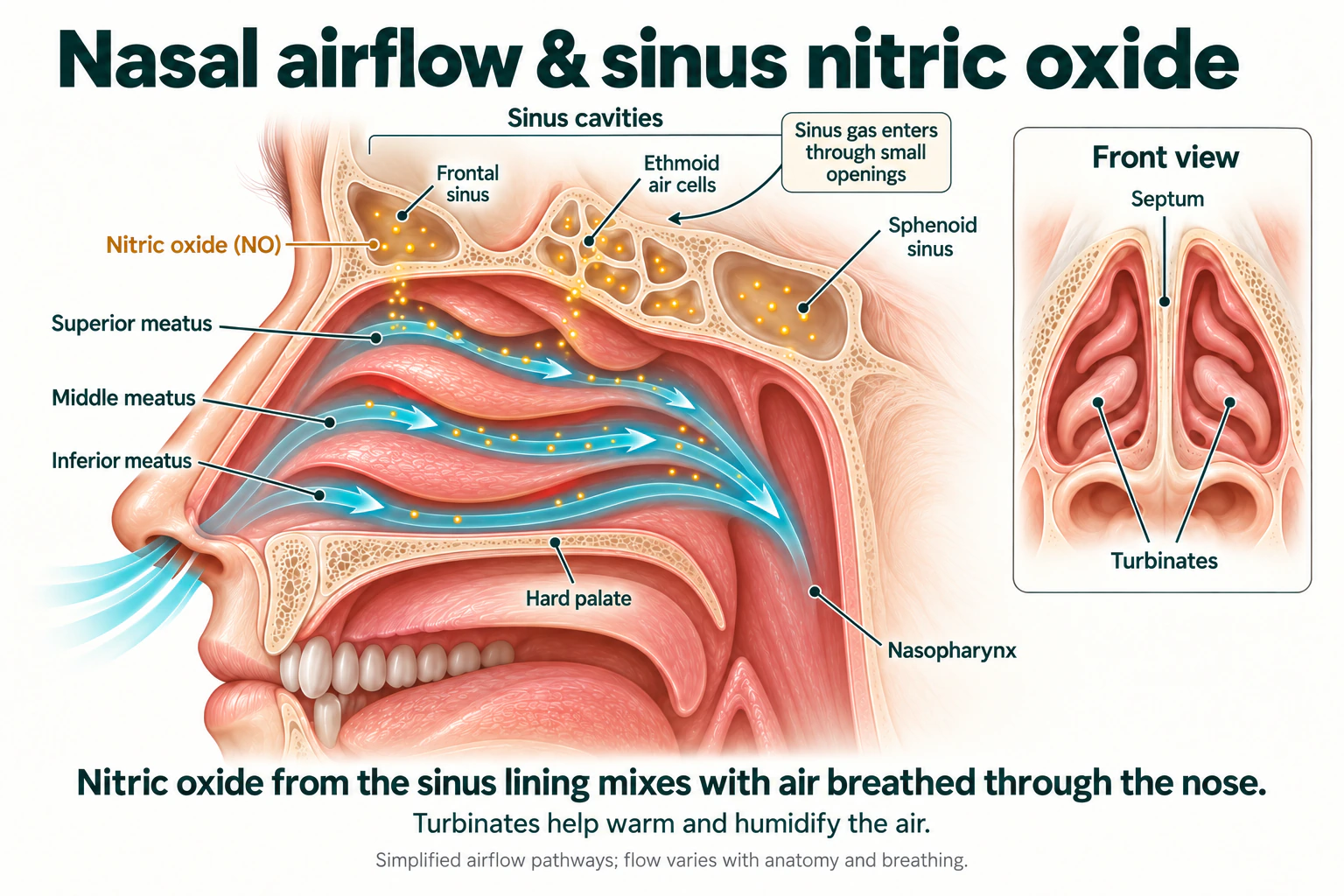 Simplified side cutaway showing three nasal airflow pathways and sinus-derived nitric oxide mixing with inspired air; a small front-view inset shows the septum and turbinates.