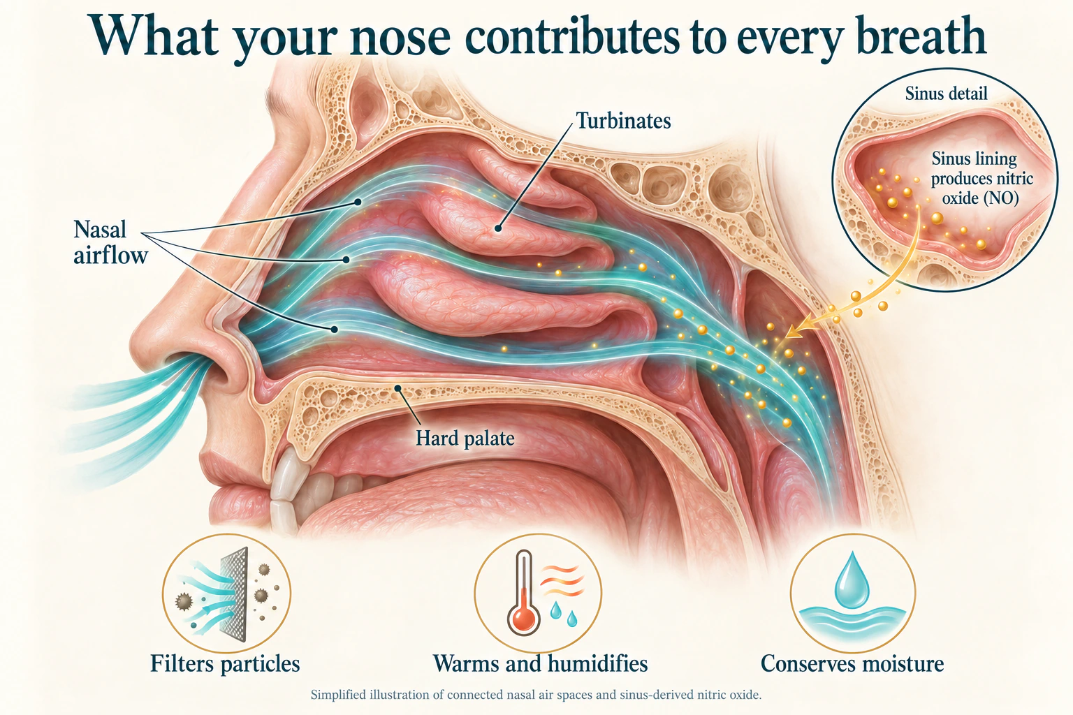 Nasal airflow around the turbinates, with sinus-derived nitric oxide mixing into air.