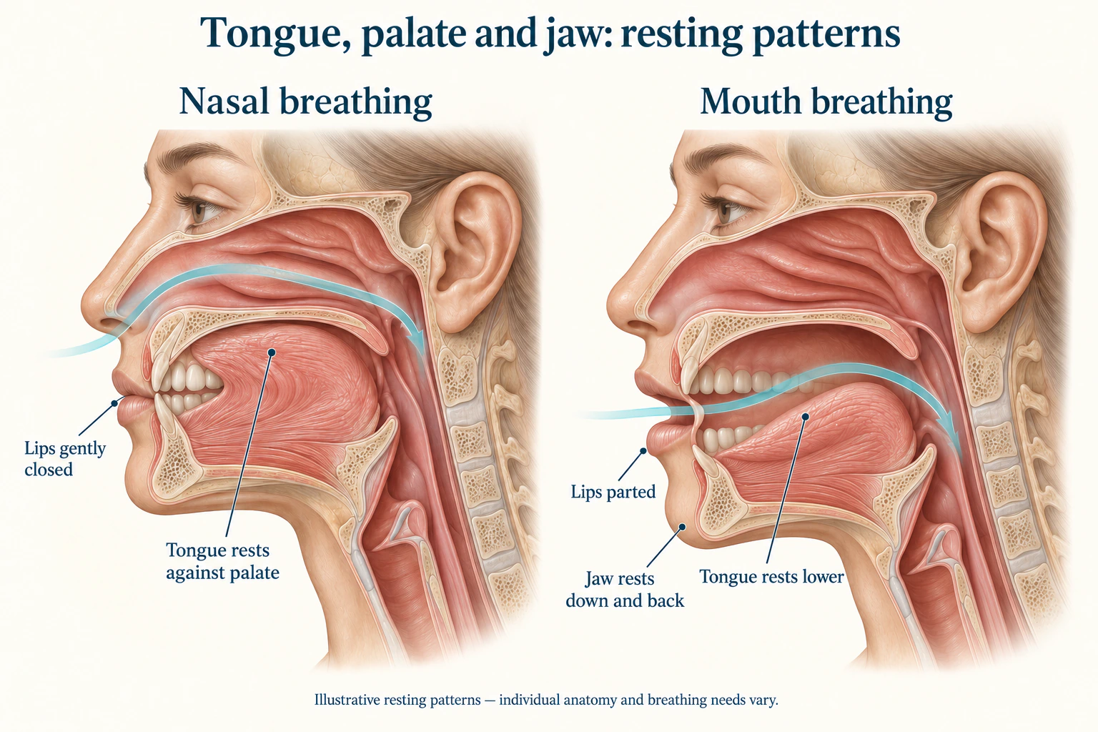 Comparison of tongue and jaw resting patterns with nasal and mouth breathing.