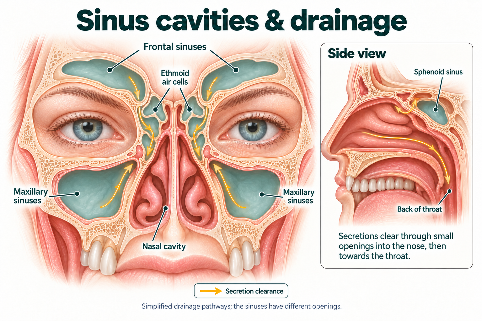 Simplified illustration of the frontal, ethmoid, maxillary and sphenoid sinuses, with arrows showing secretion clearance into the nose and towards the throat.