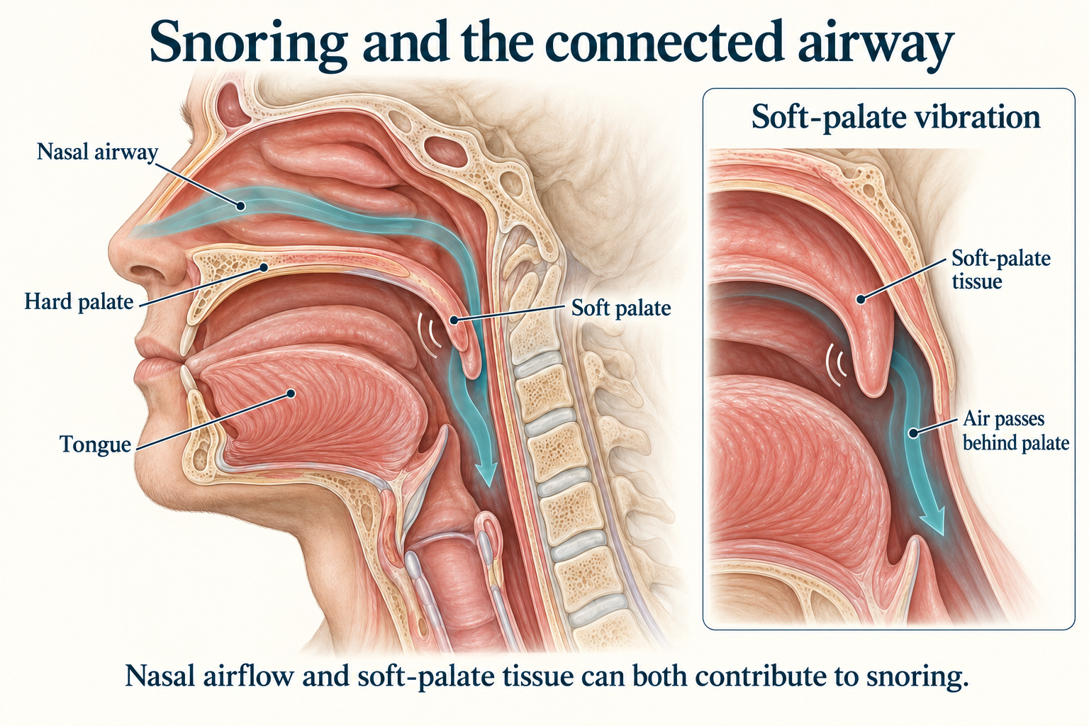 Nasal and pharyngeal airway with a magnified view of soft-palate tissue and possible vibration during airflow.