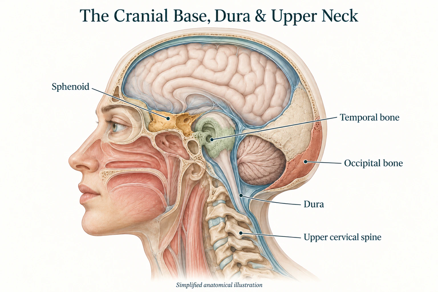Simplified side-view illustration showing the sphenoid, temporal and occipital regions, dura and upper cervical spine.