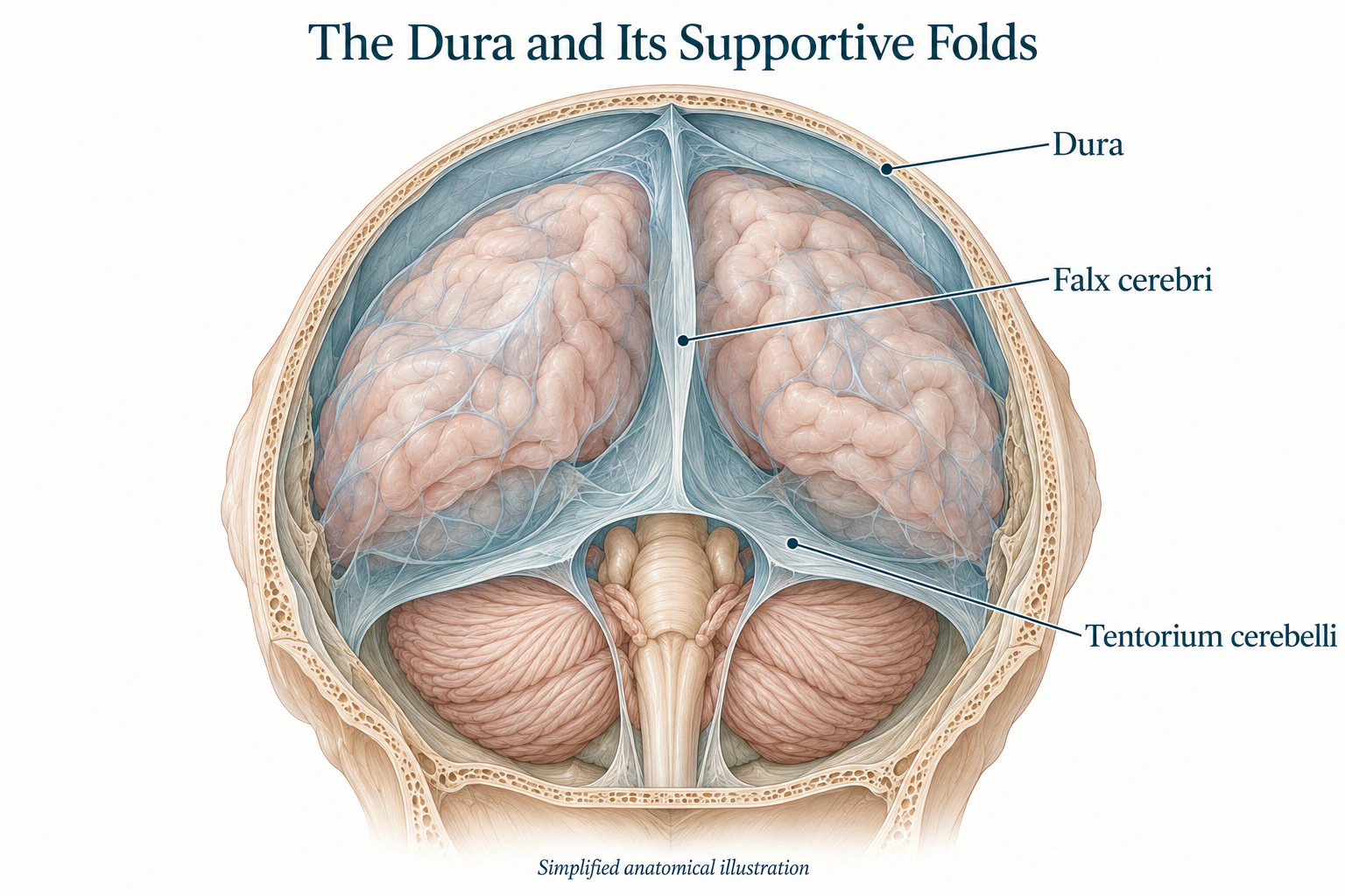 Simplified cutaway showing the dura, the vertical falx cerebri and the tentorium cerebelli above the cerebellum.