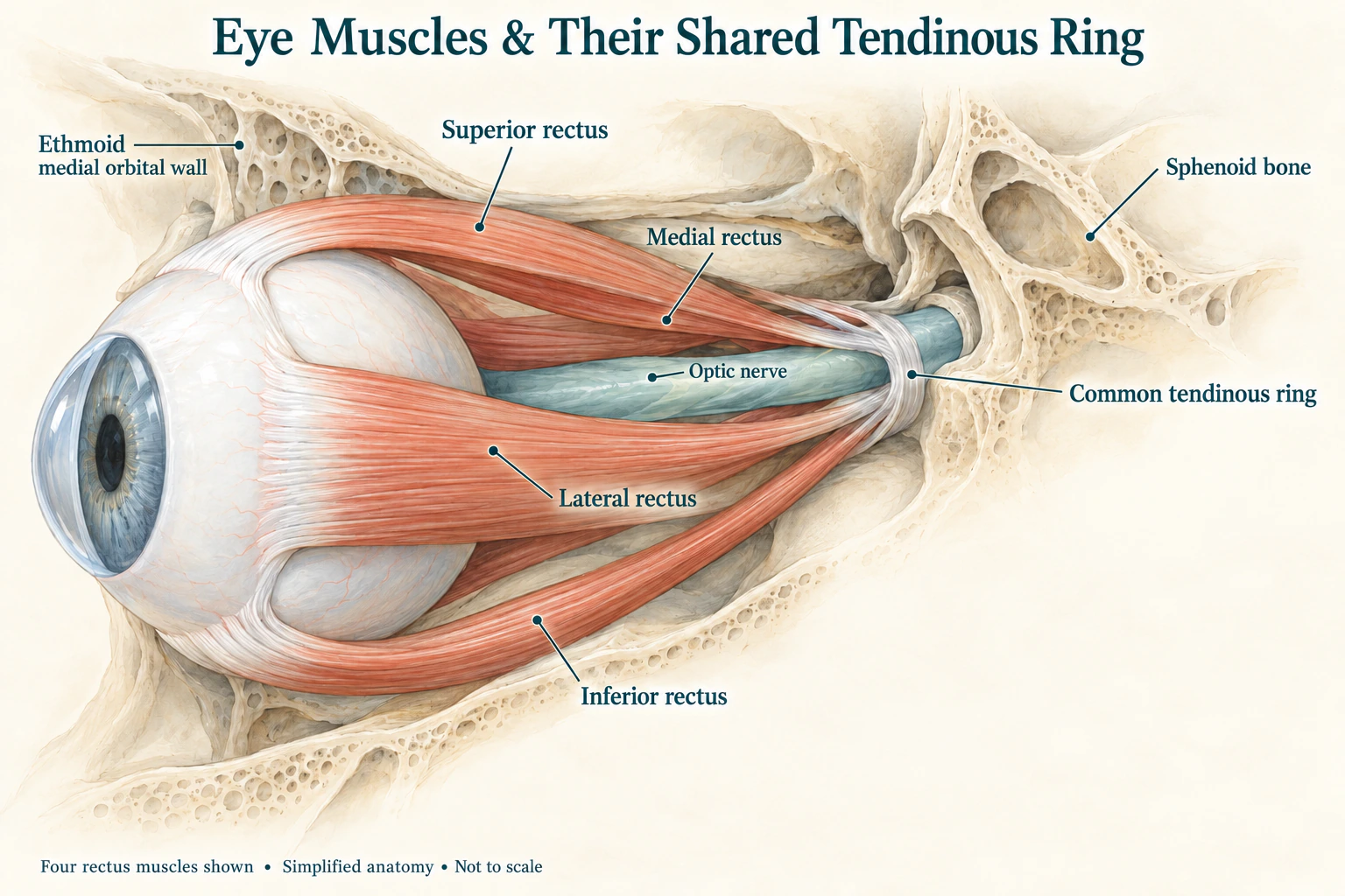Oblique view of the four rectus eye muscles, common tendinous ring, optic nerve, sphenoid and medial orbital wall.