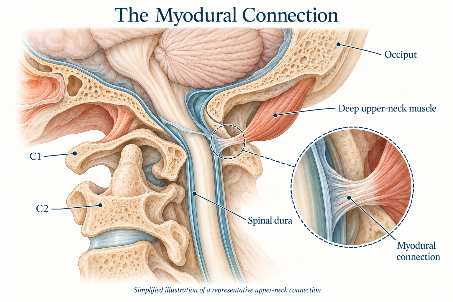 Representative deep upper-neck muscle connection to the spinal dura, with C1 and C2 shown.