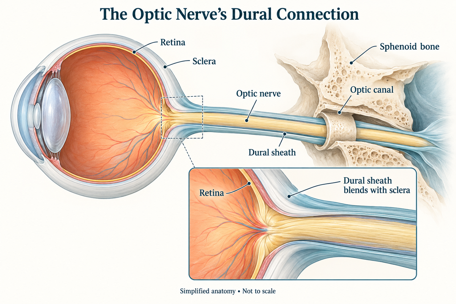 Cutaway eye and optic nerve showing the retina, sclera, dural sheath and optic canal in the sphenoid, with an enlarged view of the sheath joining the sclera.