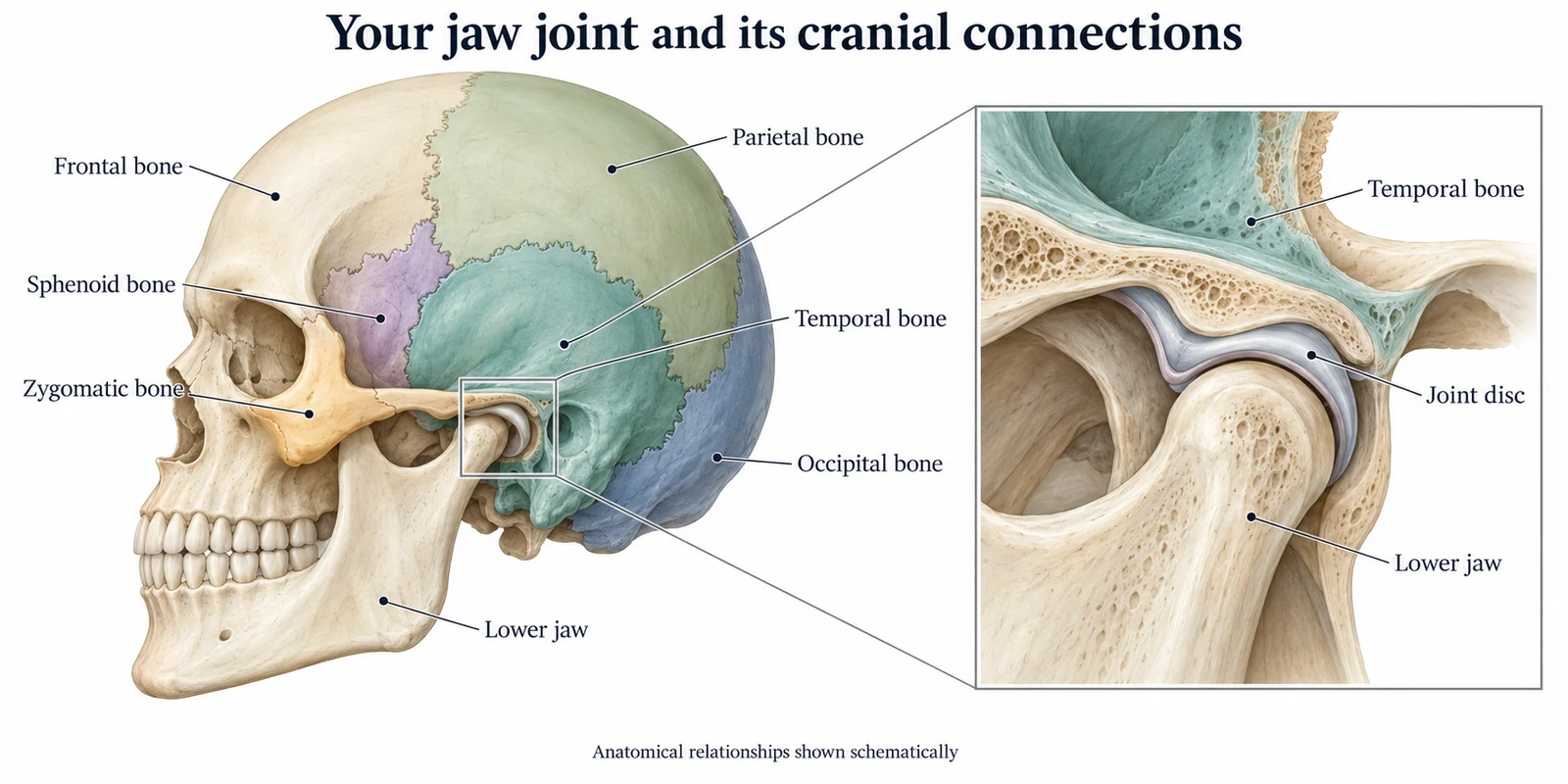 Colour-coded side view of the skull showing the temporal bone and neighbouring bones, with an enlarged view of the jaw joint and disc.