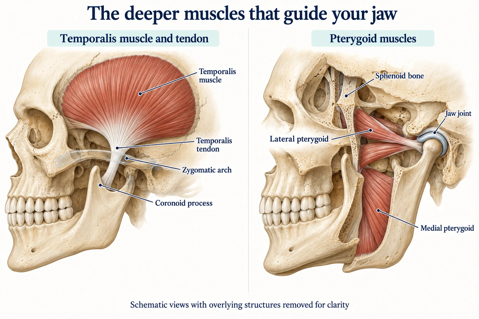 Two schematic anatomical views showing the temporalis muscle and tendon beneath the zygomatic arch, and a deeper cutaway of the lateral and medial pterygoid muscles.